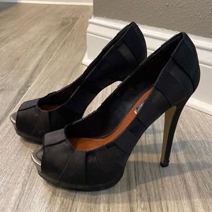 Black BCBG peep toe satin heels